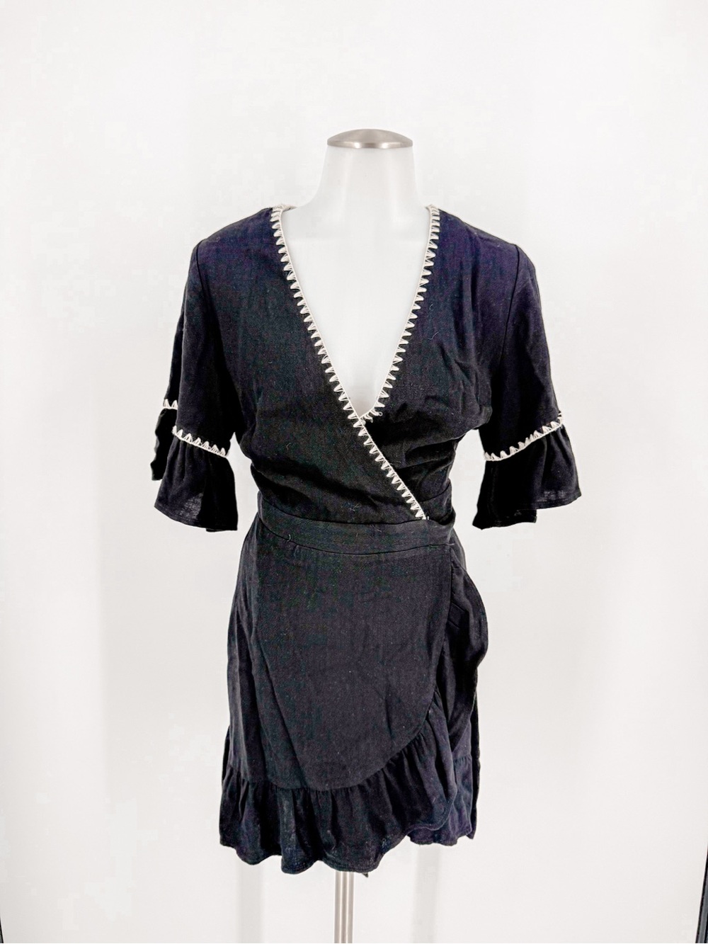 Moon River Black Wrap Mini Dress with Ruffle Sleeves